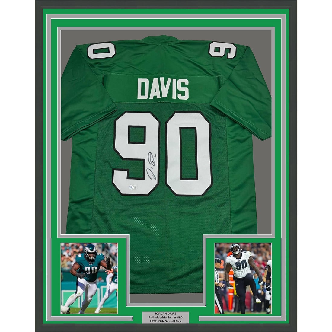 Framed Jordan Davis Autographed Jersey Philadelphia Eagles Beckett COA 35x39: Framed Jordan Davis Autographed Jersey Philadelphia Eagles Beckett COA 35x39 Own a piece of NFL history with this professionally framed autographed jersey of Jordan Davis, a standout player for the Ph