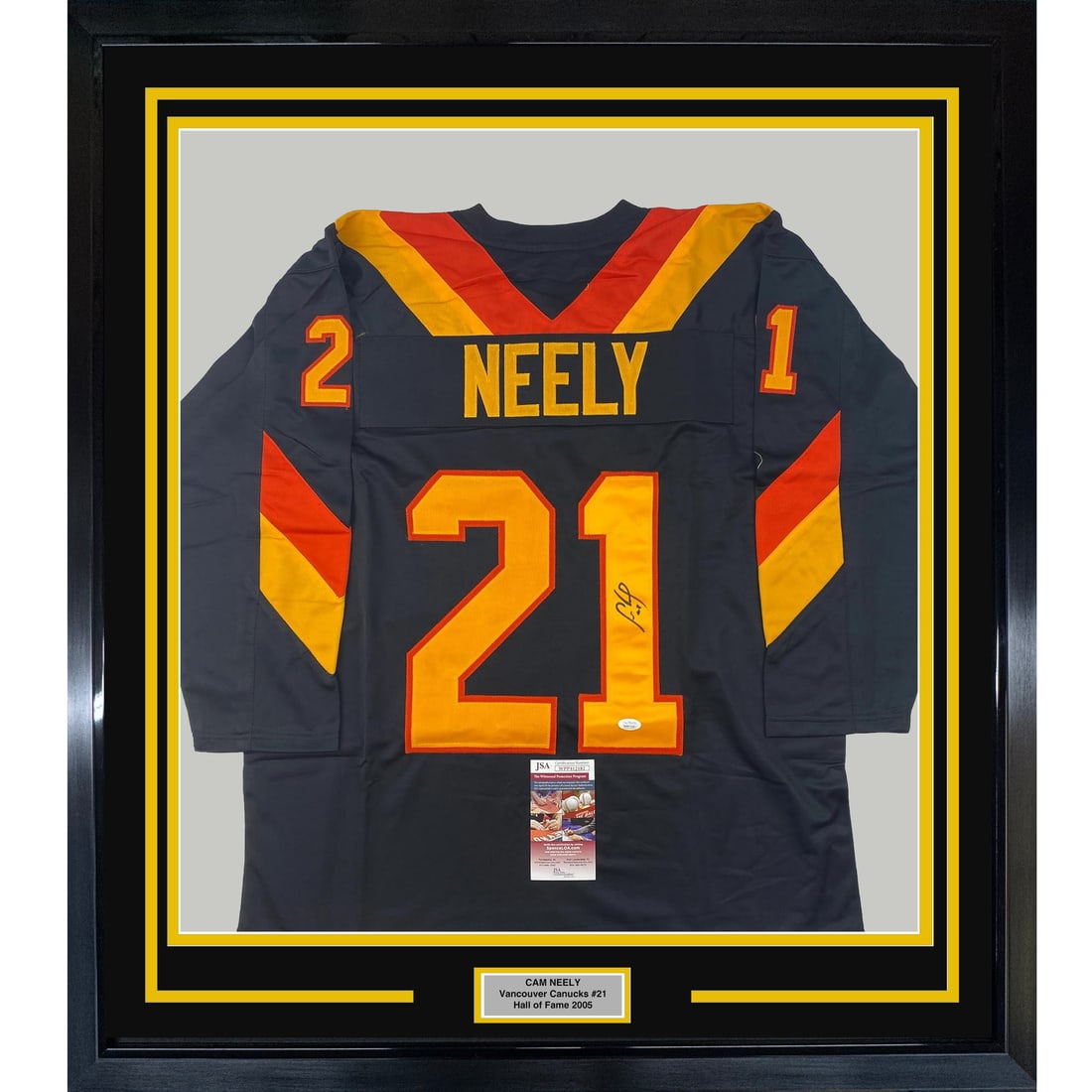 Framed Autographed Cam Neely Vancouver Canucks Hockey Jersey JSA COA 33x42: Framed Autographed Cam Neely Vancouver Canucks Hockey Jersey JSA COA 33x42 This framed and autographed Cam Neely Vancouver Canucks hockey jersey is a must-have for any hockey fan. The jersey is profes