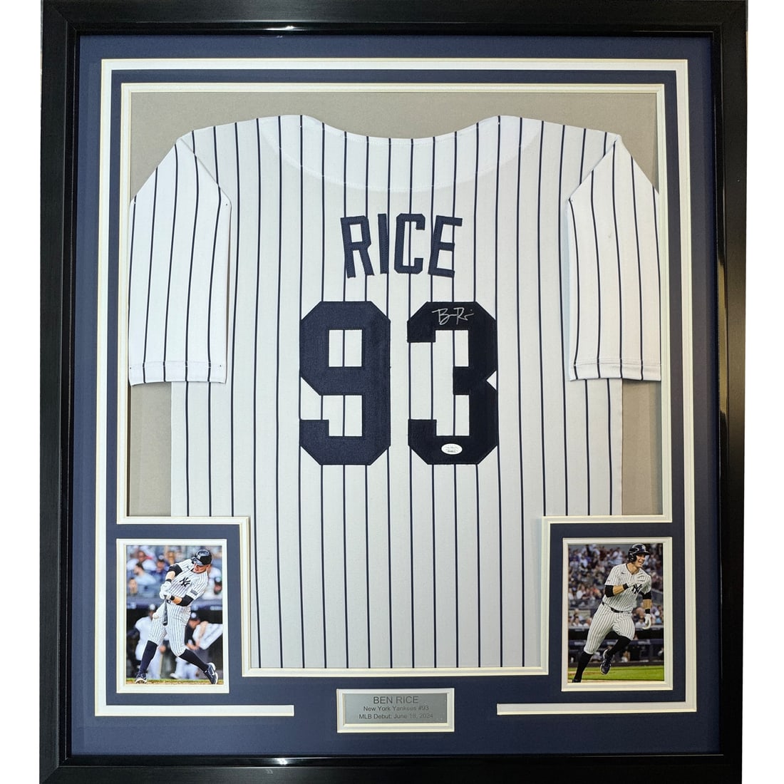 Framed Ben Rice signed Yankees pinstripe jersey JSA COA 35x39: Framed Ben Rice signed Yankees pinstripe jersey JSA COA 35x39 This framed New York Yankees pinstripe jersey features an authentic signature from Ben Rice. The jersey is professionally framed and matte