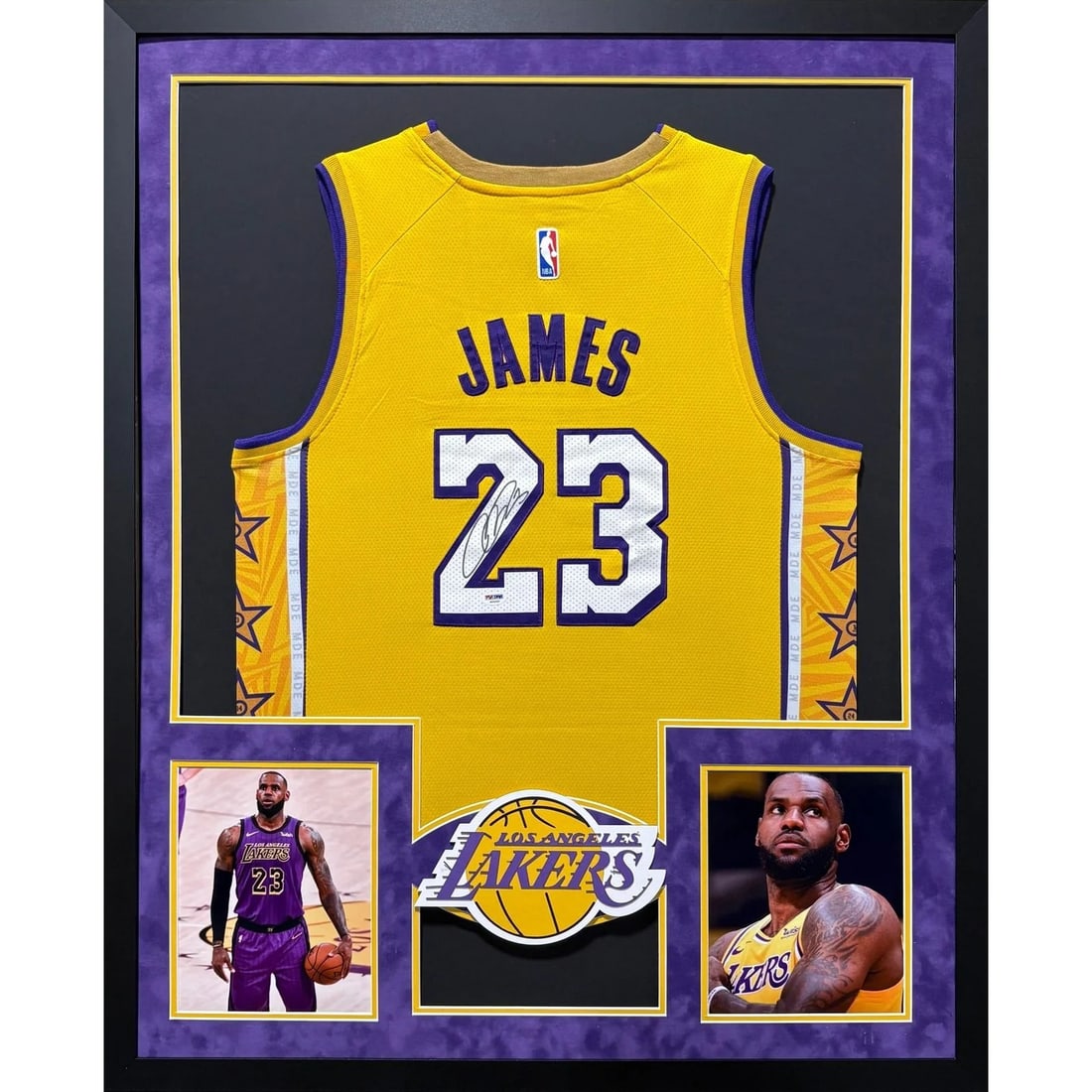 LeBron James Signed Lakers Jersey Framed PSA/DNA Authentic: LeBron James Signed Lakers Jersey Framed PSA/DNA Authentic This framed autographed jersey of LeBron James showcases his iconic Los Angeles Lakers number. Authenticated by PSA/DNA, it includes a tamper