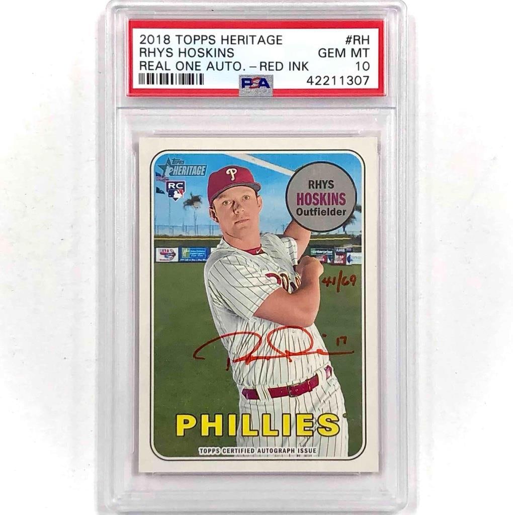 Rhys Hoskins 2018 Topps Heritage Red Ink Rookie Auto PSA 10: Rhys Hoskins 2018 Topps Heritage Red Ink Rookie Auto PSA 10 This is a 2018 Topps Heritage Rhys Hoskins rookie card featuring a hard-signed Real One Red Ink autograph. The card is a limited edition par