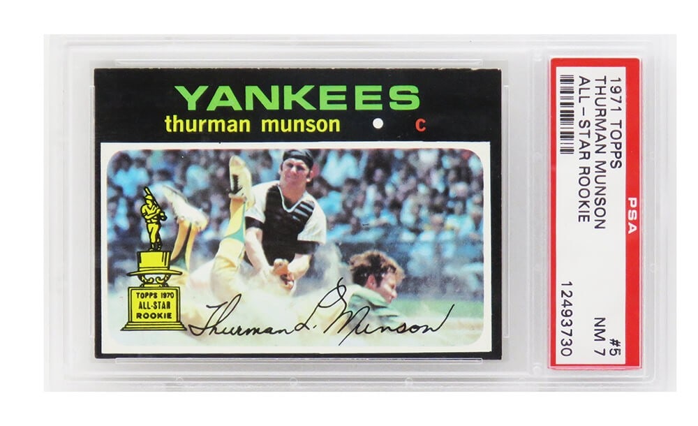Thurman Munson 1971 Topps All Star Rookie Card #5 PSA 7 NM: Thurman Munson 1971 Topps All Star Rookie Card #5 PSA 7 NM This listing features a Thurman Munson 1971 Topps All Star Rookie Card #5, representing his second year in the league. Encapsulated and grade