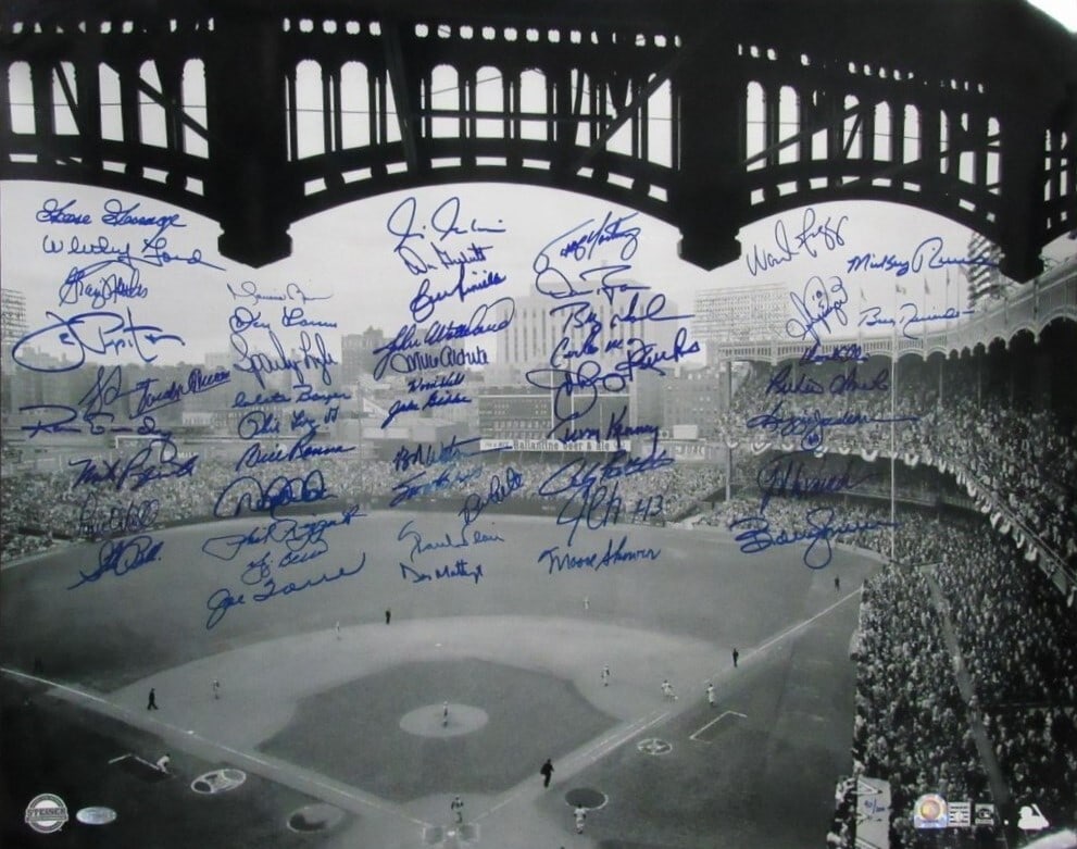 Steiner authenticated Yankees 20x24 photo with 50 signatures: Steiner authenticated Yankees 20x24 photo with 50 signatures This 20x24-inch photograph features the signatures of 50 notable New York Yankees players, including Derek Jeter, Yogi Berra, Mariano River