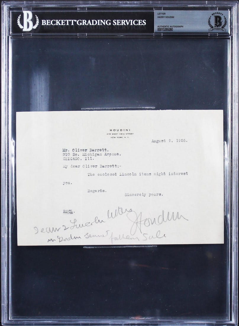 Beckett slabbed Houdini signed 1926 letter 5.5x8.25 on personal letterhead (1 of 5)