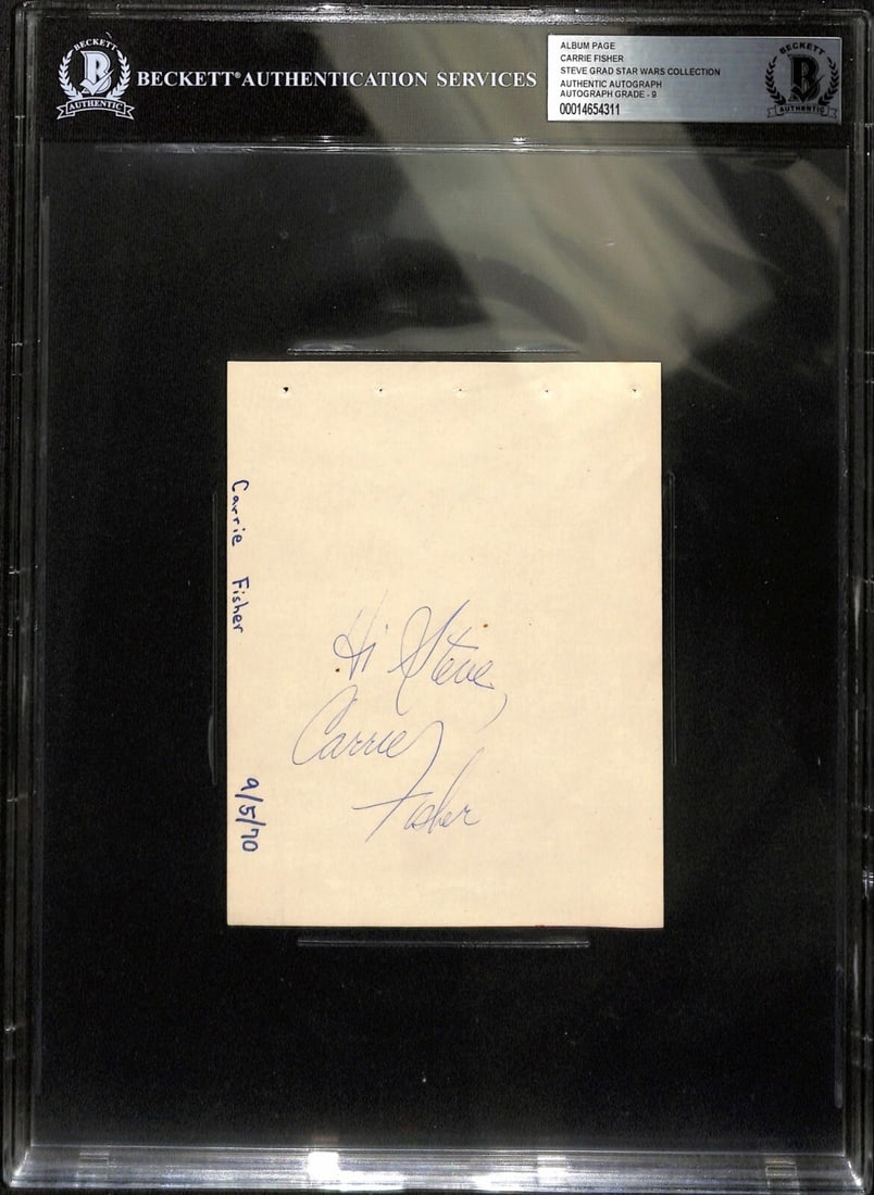 Early Carrie Fisher Signed Album Page 1970 Auto 9 Beckett: Early Carrie Fisher Signed Album Page 1970 Auto 9 Beckett This is an autographed album page signed in blue permanent marker by actress Carrie Fisher, dated September 5, 1970. This signature, personali
