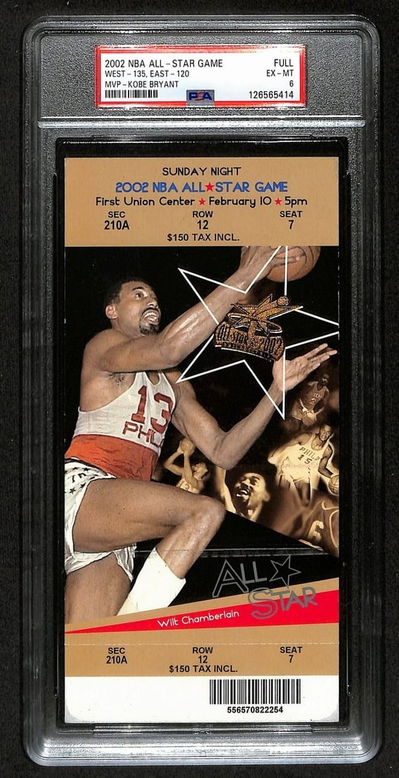 February 10 2002 NBA All-Star Ticket Stub Kobe Bryant MVP PSA EX-MT 6: February 10 2002 NBA All-Star Ticket Stub Kobe Bryant MVP PSA EX-MT 6 This is an original ticket stub from the February 10, 2002 NBA All-Star Game, featuring Kobe Bryant who was named MVP. The ticket 