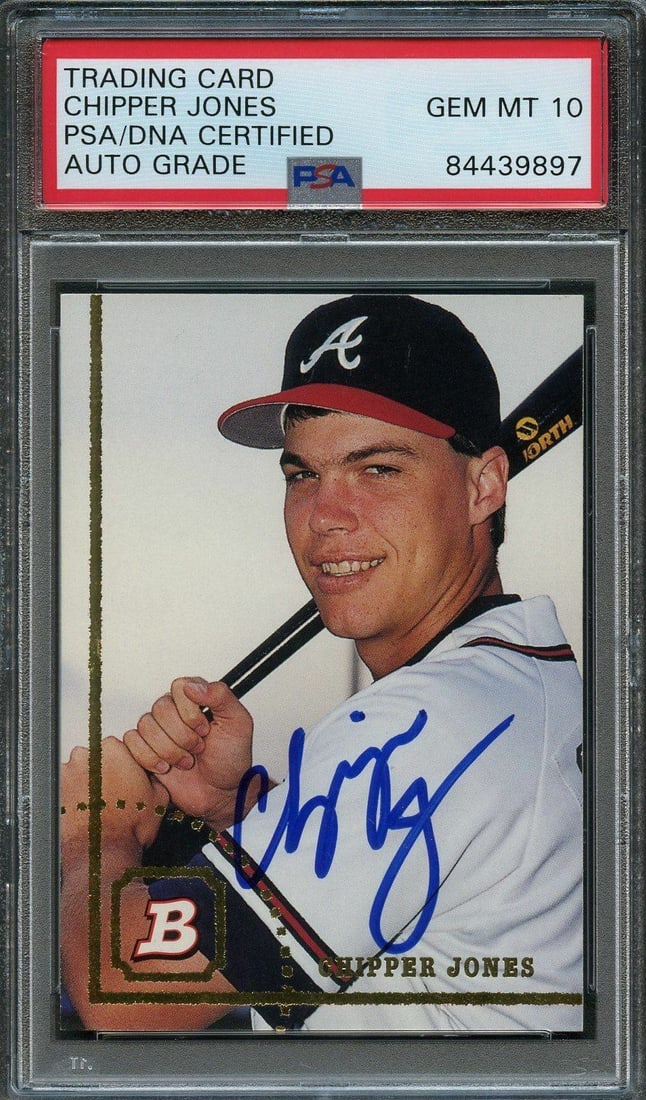PSA Gem Mint 10 Chipper Jones 1994 Bowman Auto Card #489: PSA Gem Mint 10 Chipper Jones 1994 Bowman Auto Card #489 This is a 1994 Bowman Baseball #489 sports trading card featuring Chipper Jones of the Atlanta Braves. The card is signed by Chipper Jones and 