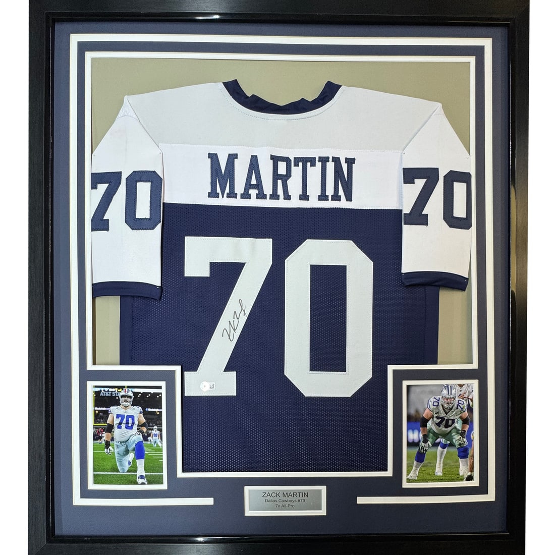 Zack Martin Signed Dallas Cowboys Jersey in 35x39 Framed Display Beckett COA: Zack Martin Signed Dallas Cowboys Jersey in 35x39 Framed Display Beckett COA This professionally framed and matted display features an autographed Dallas Cowboys football jersey signed by Zack Martin.