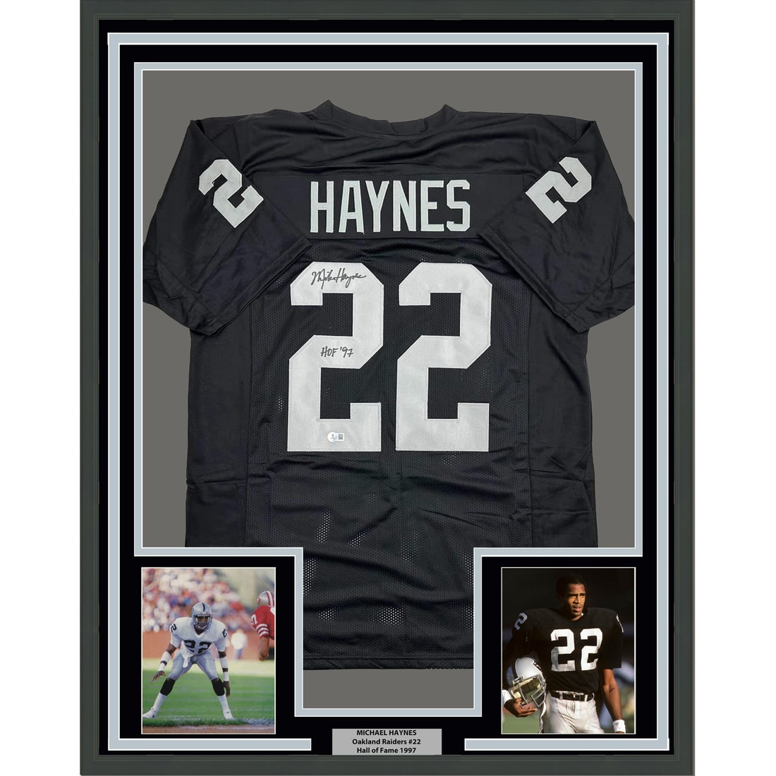 Michael Haynes Signed Oakland Raiders Framed Jersey 35x39 With Beckett COA: Michael Haynes Signed Oakland Raiders Framed Jersey 35x39 With Beckett COA This professionally framed and matted display features an autographed Michael Haynes Oakland Raiders black jersey, authentica