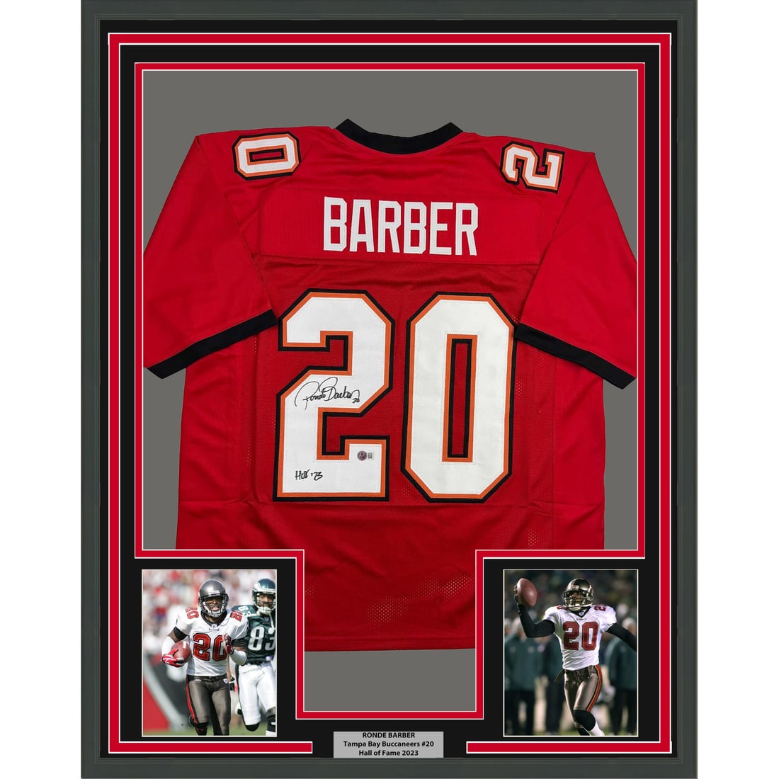 Ronde Barber Signed Tampa Bay Jersey Framed Display with BAS Authentication 35x39: Ronde Barber Signed Tampa Bay Jersey Framed Display with BAS Authentication 35x39 This professionally framed and matted Tampa Bay Buccaneers red jersey features the autograph of Ronde Barber, Hall of 