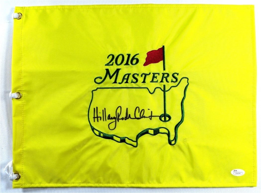 Hillary Rodham Clinton Autographed Golf Pin Flag 2016 Masters JSA Certified: Hillary Rodham Clinton Autographed Golf Pin Flag 2016 Masters JSA Certified This is an original autographed golf pin flag from the 2016 Masters, signed by Hillary Rodham Clinton. The signature is auth