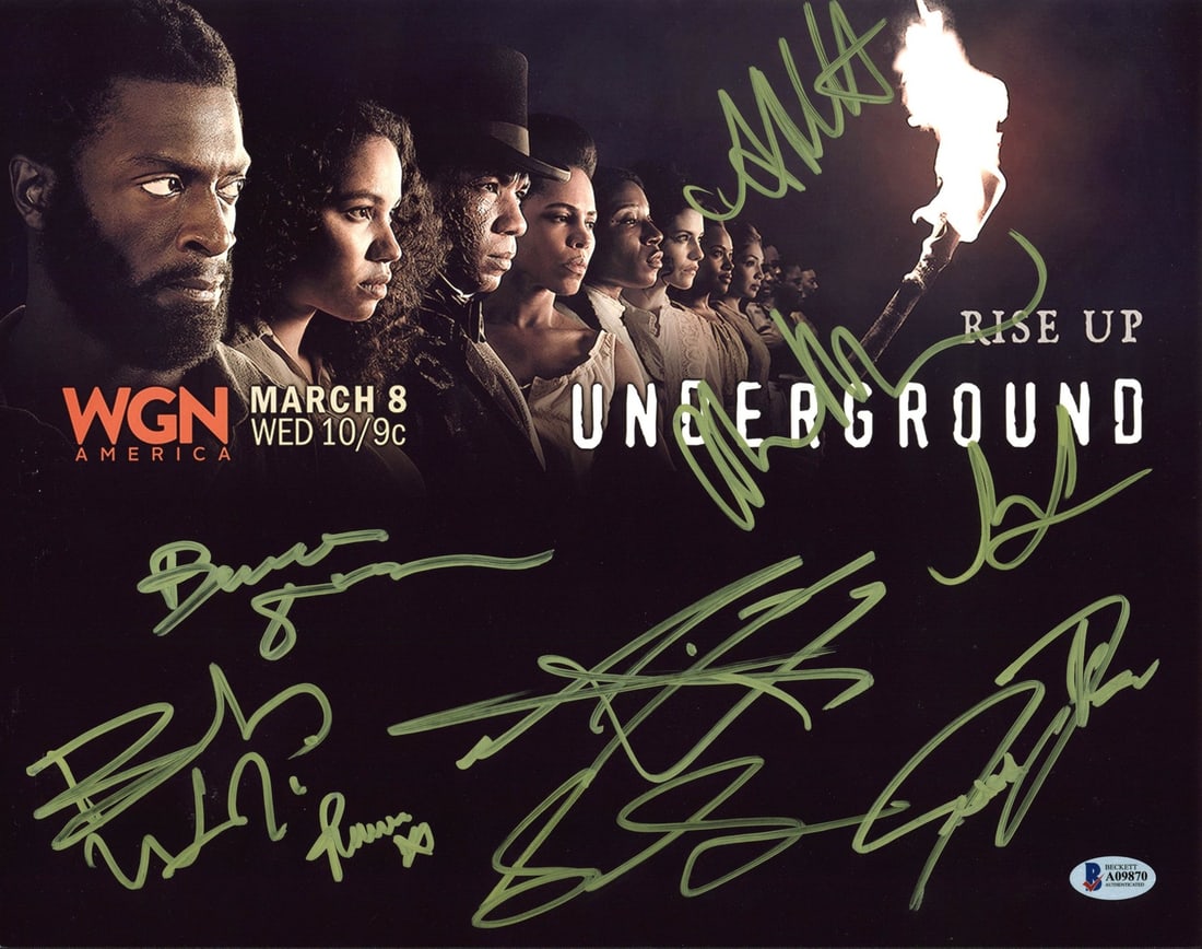Underground cast autographed 11x14 photo BAS COA: Underground cast autographed 11x14 photo BAS COA This is an 11x14 photograph from the production "Underground," personally signed by Aldis Hodge, Bokeem Woodbine, Alano Miller, Anthony Hemingway, Sade