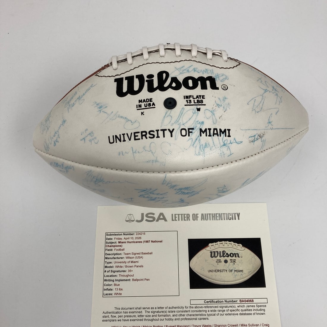 JSA COA 1987 Miami Hurricanes team signed Wilson game football: JSA COA 1987 Miami Hurricanes team signed Wilson game football This is an original Wilson game football signed by the 1987 Miami Hurricanes NCAA National Champions team. The ball features over 35 sign