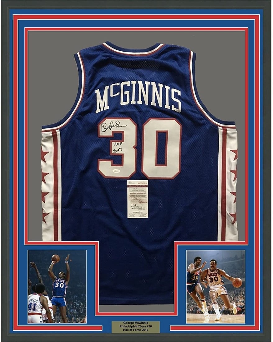 Framed Autographed George McGinnis Philadelphia 76ers Jersey with JSA COA: Framed Autographed George McGinnis Philadelphia 76ers Jersey with JSA COA Enhance your sports memorabilia collection with this professionally framed autographed George McGinnis Philadelphia 76ers jers