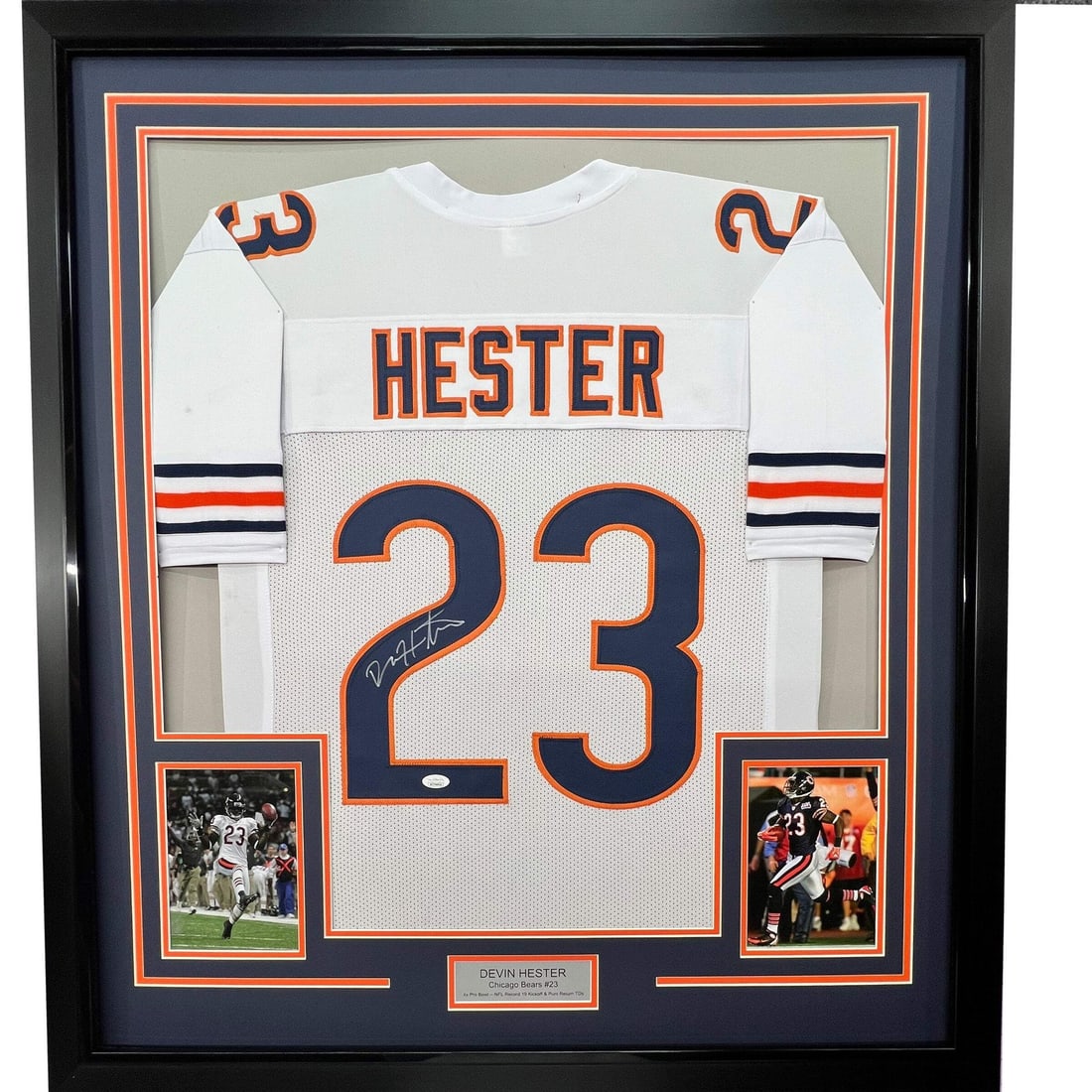 Devin Hester signed Chicago Bears framed jersey JSA COA 33x42: Devin Hester signed Chicago Bears framed jersey JSA COA 33x42 This professionally framed and matted display features a Chicago Bears white jersey autographed by Devin Hester. The jersey is accompanied