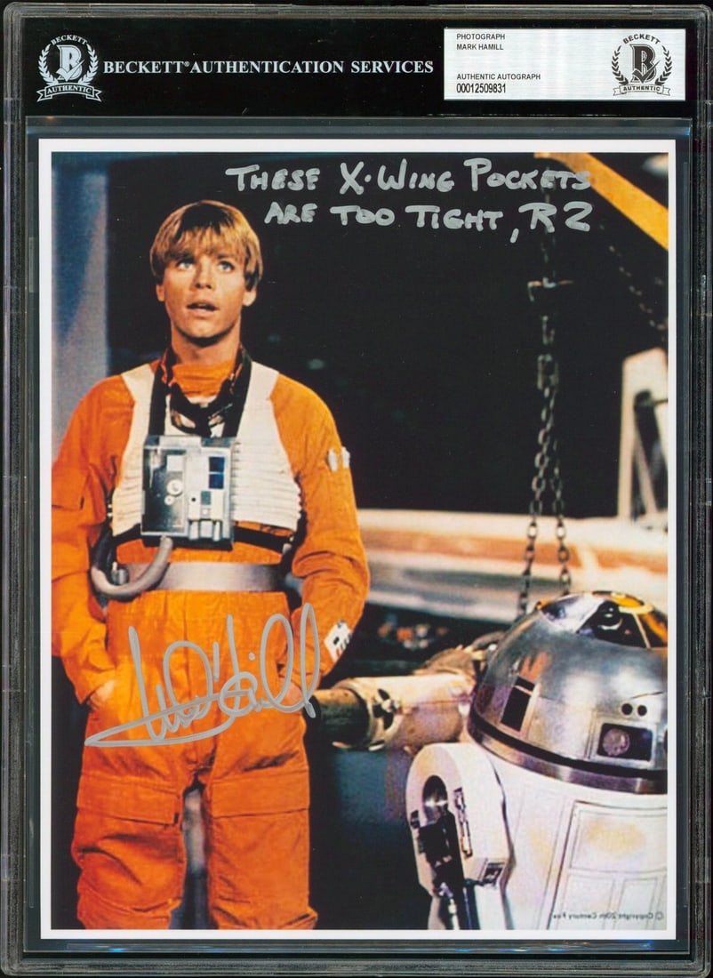 Mark Hamill Signed 8x10 Photo Inscribed These X-Wing Pockets Are Too Tight Beckett Slab: Mark Hamill Signed 8x10 Photo Inscribed These X-Wing Pockets Are Too Tight Beckett Slab This is an original 8x10 photograph autographed by Mark Hamill, featuring his inscription "These X-Wing Pockets 