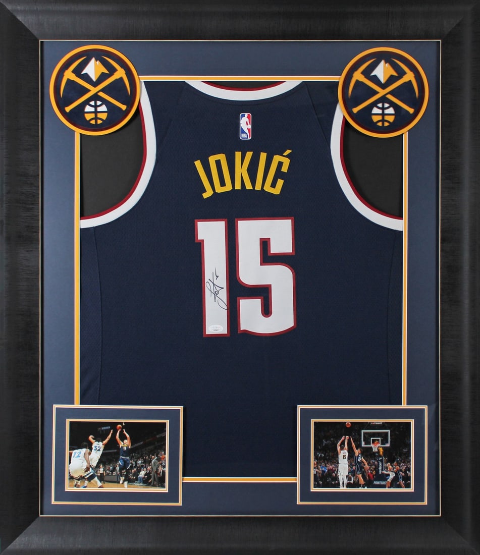 Nikola Jokic Signed Navy Blue Nike Swingman Framed Jersey JSA: Nikola Jokic Signed Navy Blue Nike Swingman Framed Jersey JSA This original, autographed navy blue Nike Swingman jersey features the signature of Nikola Jokic, star player for the Denver Nuggets. This
