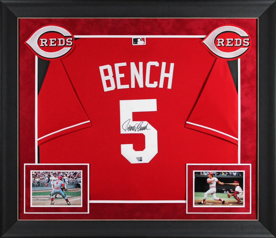Cincinnati Reds Johnny Bench Signed Framed Jersey by Fanatics: Cincinnati Reds Johnny Bench Signed Framed Jersey by Fanatics This authentic red Majestic jersey has been personally signed by Johnny Bench, a legendary player of the Cincinnati Reds. The framed jerse