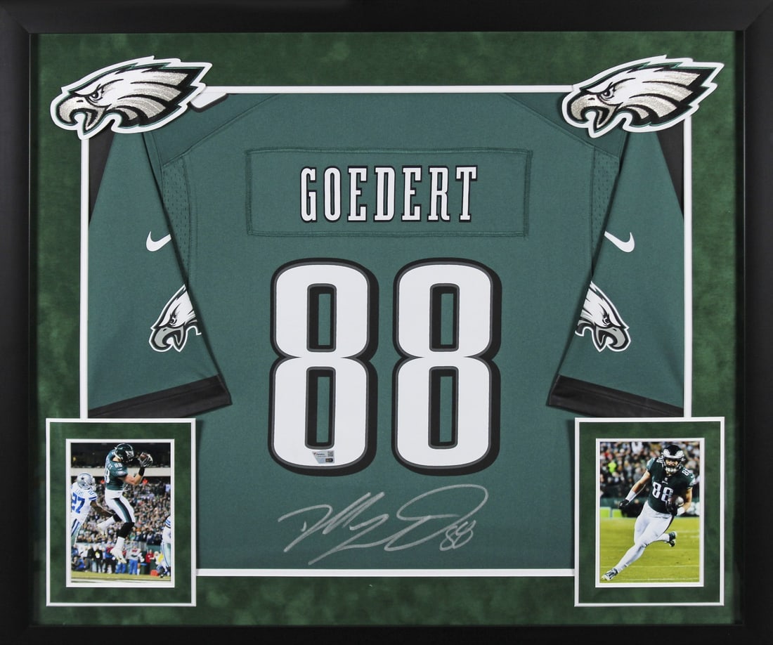 Framed Green Nike Jersey Signed by Dallas Goedert with Fanatics Authentication: Framed Green Nike Jersey Signed by Dallas Goedert with Fanatics Authentication This framed green Nike Game jersey has been personally signed by Dallas Goedert of the Philadelphia Eagles. The autograph