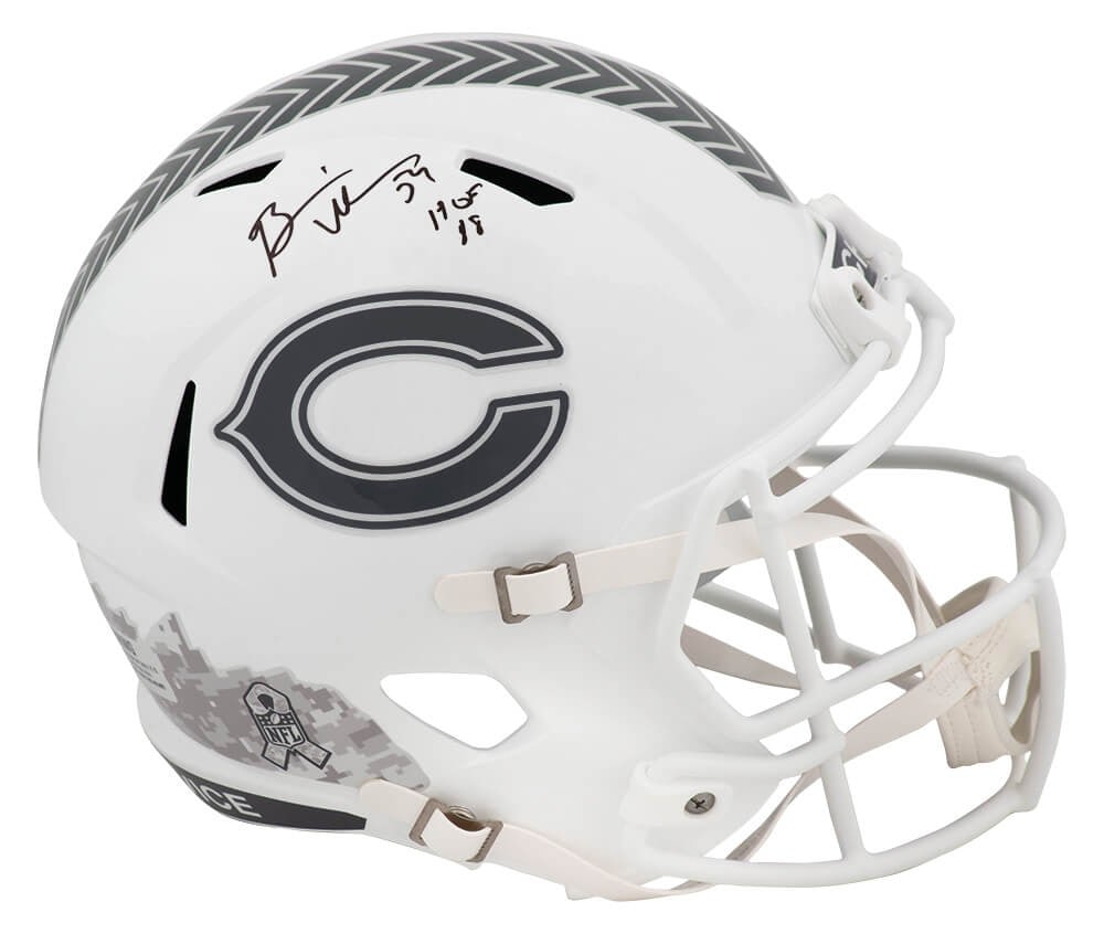 Brian Urlacher Signed 2024 Bears Riddell Helmet HOF 18 Inscription: Brian Urlacher Signed 2024 Bears Riddell Helmet HOF 18 Inscription This is a Brian Urlacher signed Chicago Bears 2024 Salute white Riddell full-sized speed replica helmet, featuring the inscription 'H