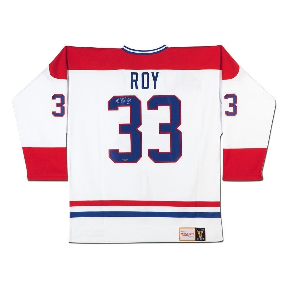 Patrick Roy Autographed Jersey Montreal Canadiens Mitchell & Ness Authentic: Patrick Roy Autographed Jersey Montreal Canadiens Mitchell & Ness Authentic This is a pre-owned Mitchell & Ness jersey featuring the iconic design of the 1992-93 Montreal Canadiens, autographed by leg