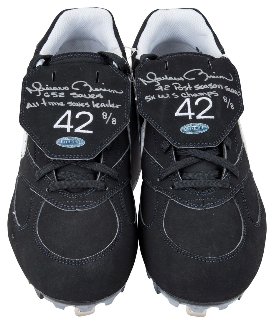 Mariano Rivera Signed Nike Game Model Cleats Pair with Inscriptions Steiner COA: Mariano Rivera Signed Nike Game Model Cleats Pair with Inscriptions Steiner COA This offering features a pair of game model Nike cleats signed by Mariano Rivera, legendary New York Yankees closer and 