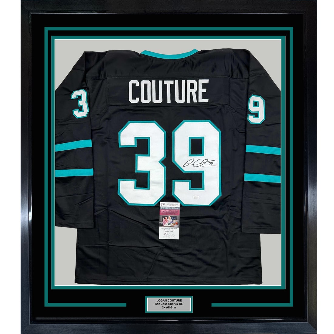 Framed Logan Couture Autographed Black Jersey San Jose Sharks JSA COA 35x39: Framed Logan Couture Autographed Black Jersey San Jose Sharks JSA COA 35x39 Showcase your passion for hockey with this professionally framed autographed Logan Couture jersey from the San Jose Sharks. 