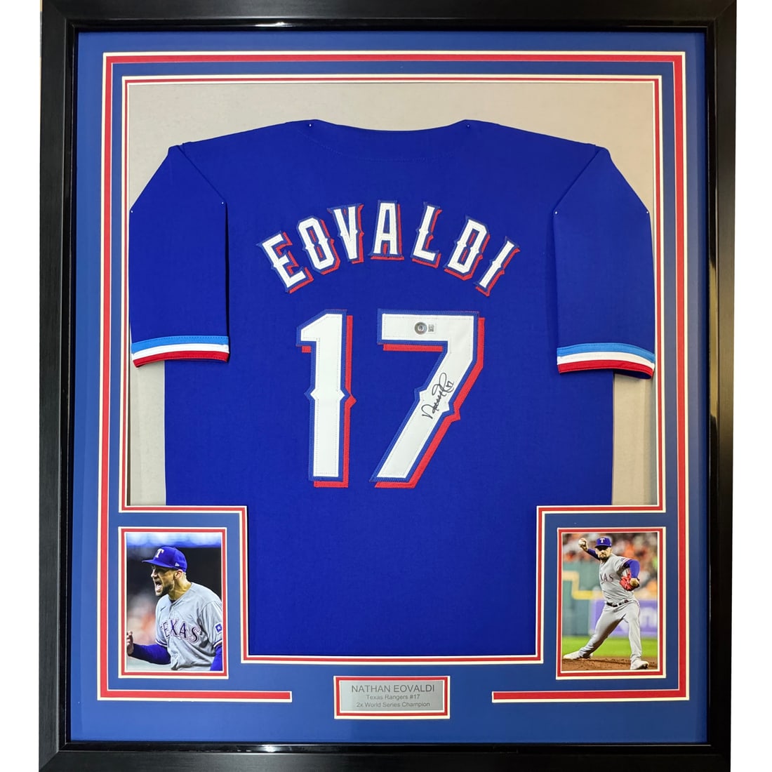 Framed Autographed Nathan Eovaldi Texas Rangers Jersey Beckett COA 35x39: Framed Autographed Nathan Eovaldi Texas Rangers Jersey Beckett COA 35x39 Celebrate your love for baseball with this professionally framed autographed Nathan Eovaldi Texas Rangers jersey. Measuring 35x