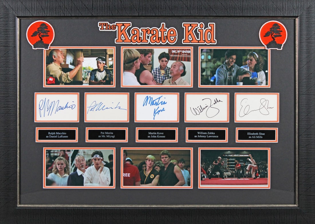 Framed Karate Kid signed photo Beckett 22.5 x 31.5 inches: Framed Karate Kid signed photo Beckett 22.5 x 31.5 inches This framed display features an original photograph autographed by Pat Morita, Ralph Macchio, William Zabka, Elisabeth Shue, and Martin Kove f