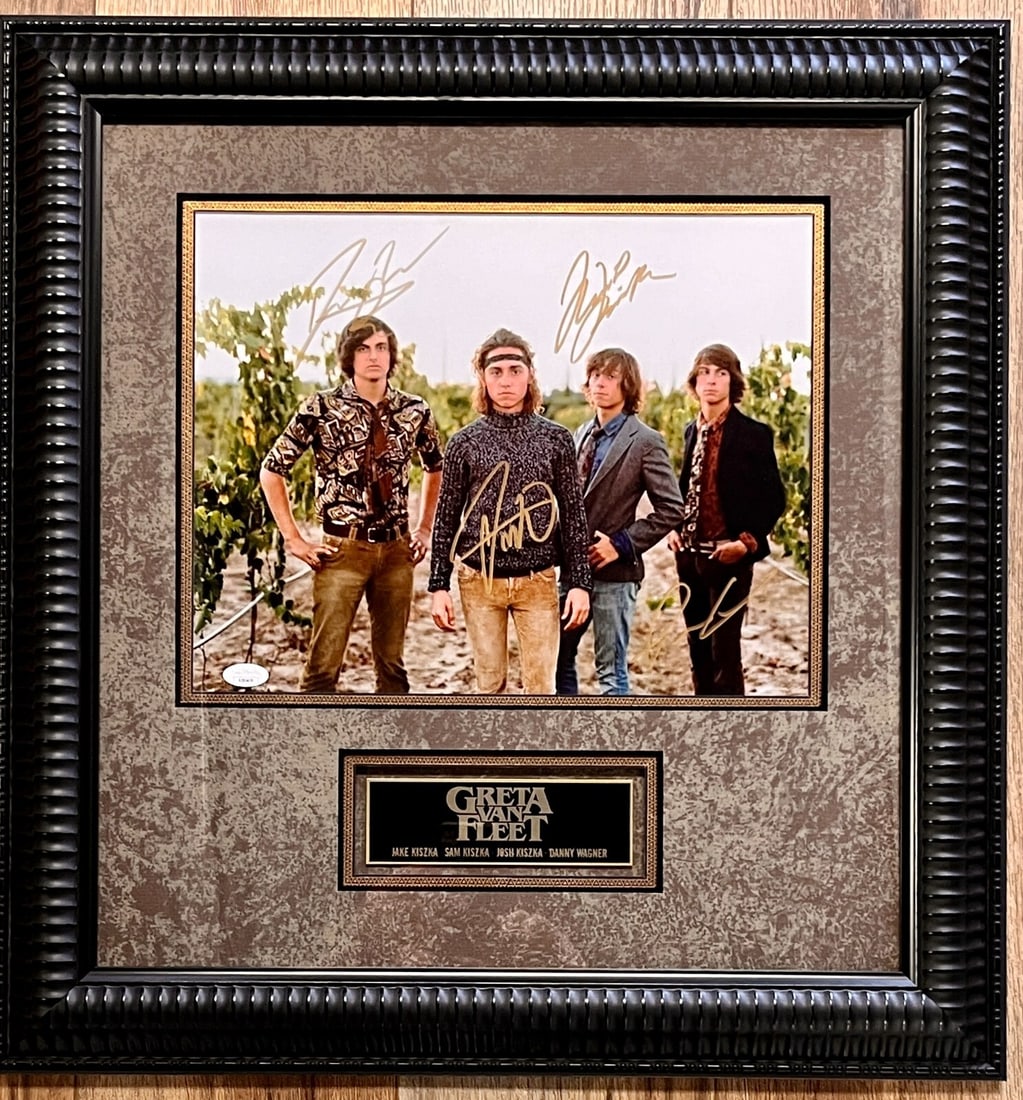 Greta Van Fleet Signed 11x14 Framed Display Authenticated by JSA: Greta Van Fleet Signed 11x14 Framed Display Authenticated by JSA This exceptional piece features a professionally framed display of an 11x14 photograph signed by all four members of the acclaimed rock