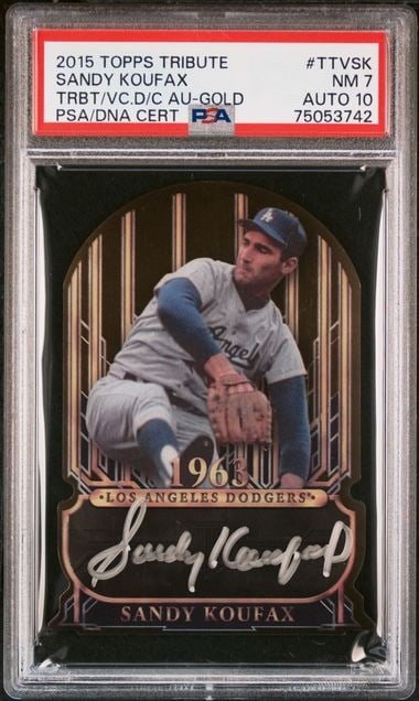 Sandy Koufax 2011 Topps Tribute Die Cut Gold PSA 10 Auto: Sandy Koufax 2011 Topps Tribute Die Cut Gold PSA 10 Auto This is a stunning Sandy Koufax 2011 Topps Tribute to the Victors Die-Cut Auto Gold card, numbered #TTVSK and graded PSA 10. The card features 