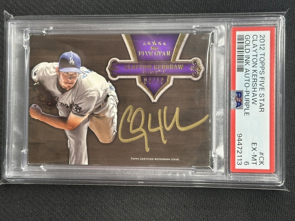 Clayton Kershaw 2012 Topps Five Star Purple Gold Ink Auto PSA 6 #CK: Clayton Kershaw 2012 Topps Five Star Purple Gold Ink Auto PSA 6 #CK This is a 2012 Topps Five Star Purple Gold Ink Auto baseball card featuring Clayton Kershaw, a standout player for the Los Angeles D