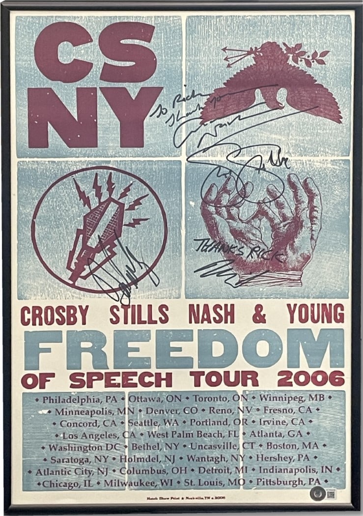Framed Freedom of Speech Tour Poster Signed by All Four Members Beckett Authenticated: Framed Freedom of Speech Tour Poster Signed by All Four Members Beckett Authenticated This is a framed 14x21 poster from the Freedom of Speech Tour, autographed by David Crosby, Stephen Stills, Graham