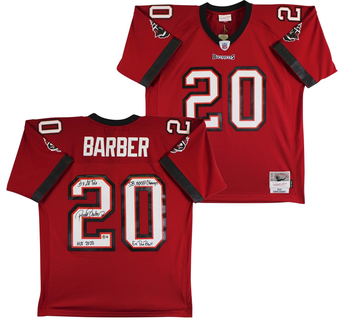 Ronde Barber Signed Buccaneers Throwback Jersey with 4 Inscriptions BAS: Ronde Barber Signed Buccaneers Throwback Jersey with 4 Inscriptions BAS This original autographed red Mitchell & Ness throwback jersey features the signature of Ronde Barber, a celebrated player of th