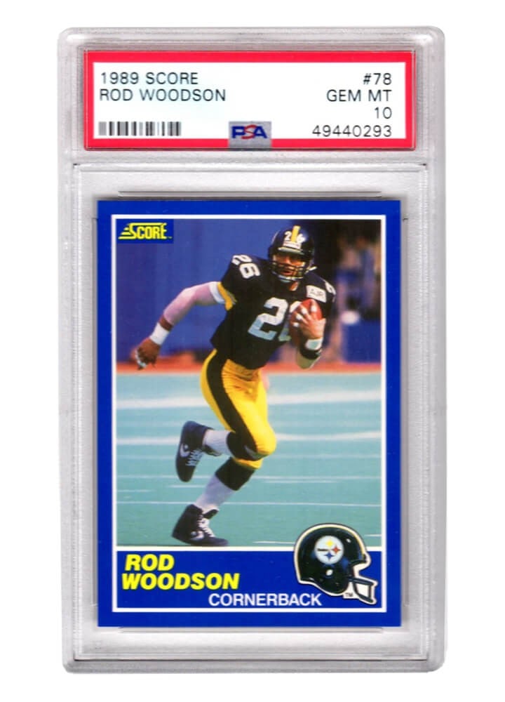 Rod Woodson 1989 Score Football #78 Rookie Card PSA 10 Gem Mint: Rod Woodson 1989 Score Football #78 Rookie Card PSA 10 Gem Mint This listing features a Rod Woodson rookie card from the 1989 Score Football set, card number 78. Encapsulated and graded Gem Mint 10 by