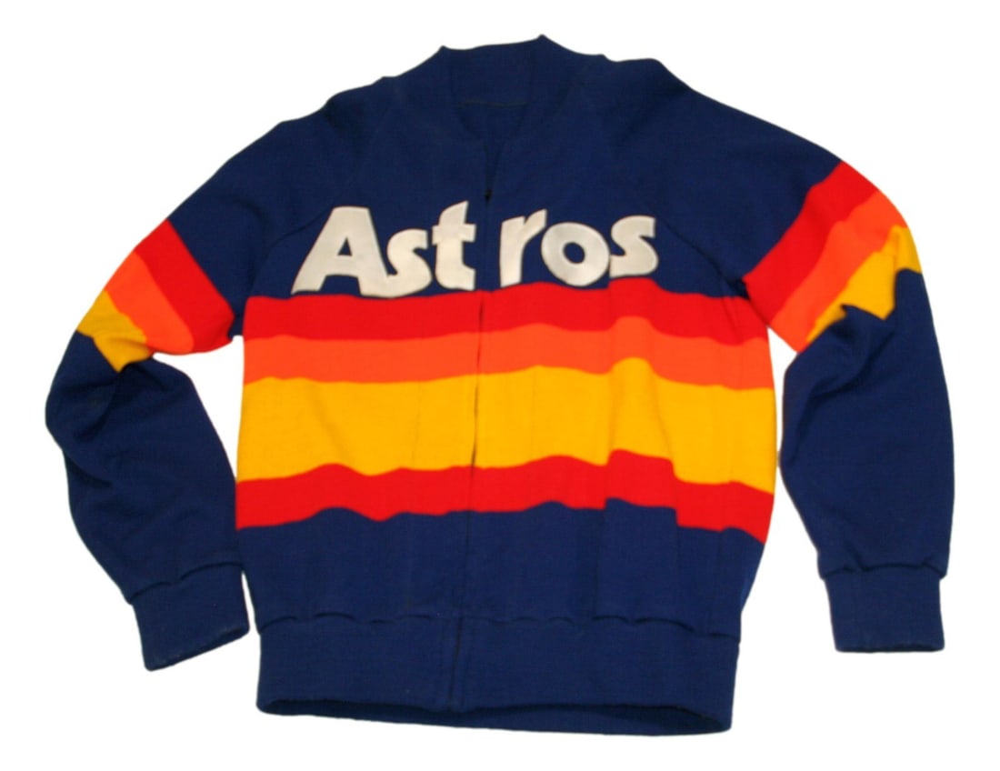 Houston Astros game worn rainbow warm-up jacket sweater size M: Houston Astros game worn rainbow warm-up jacket sweater size M This 1980s Houston Astros warm-up jacket features the iconic rainbow style and was worn during actual games. It is an officially licensed