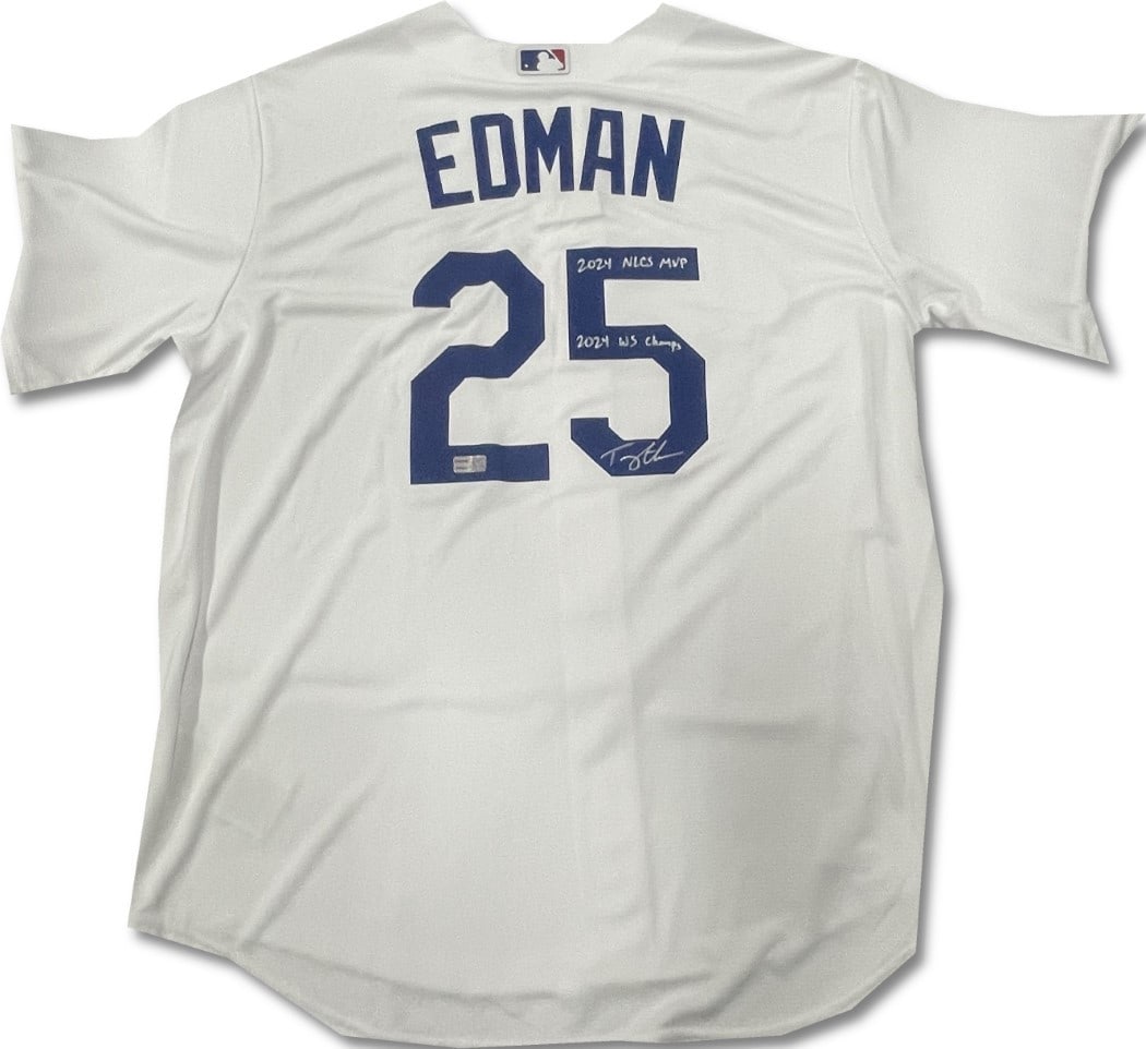 Tommy Edman Signed Jersey Inscribed 2024 NLCS MVP WS Champ Dodgers Tristar Authenticated: Tommy Edman Signed Jersey Inscribed 2024 NLCS MVP WS Champ Dodgers Tristar Authenticated Celebrate the remarkable achievements of Tommy Edman with this original signed jersey, prominently inscribed wi