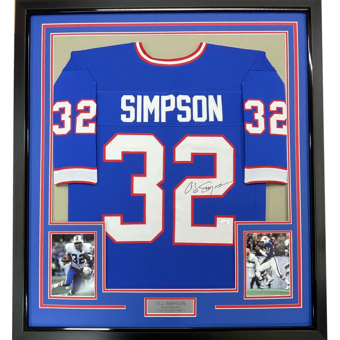 Framed Autographed O.J. Simpson Buffalo Bills Jersey with JSA COA: Framed Autographed O.J. Simpson Buffalo Bills Jersey with JSA COA Celebrate the legacy of O.J. Simpson with this professionally framed autographed Buffalo Bills jersey. The jersey is beautifully matte