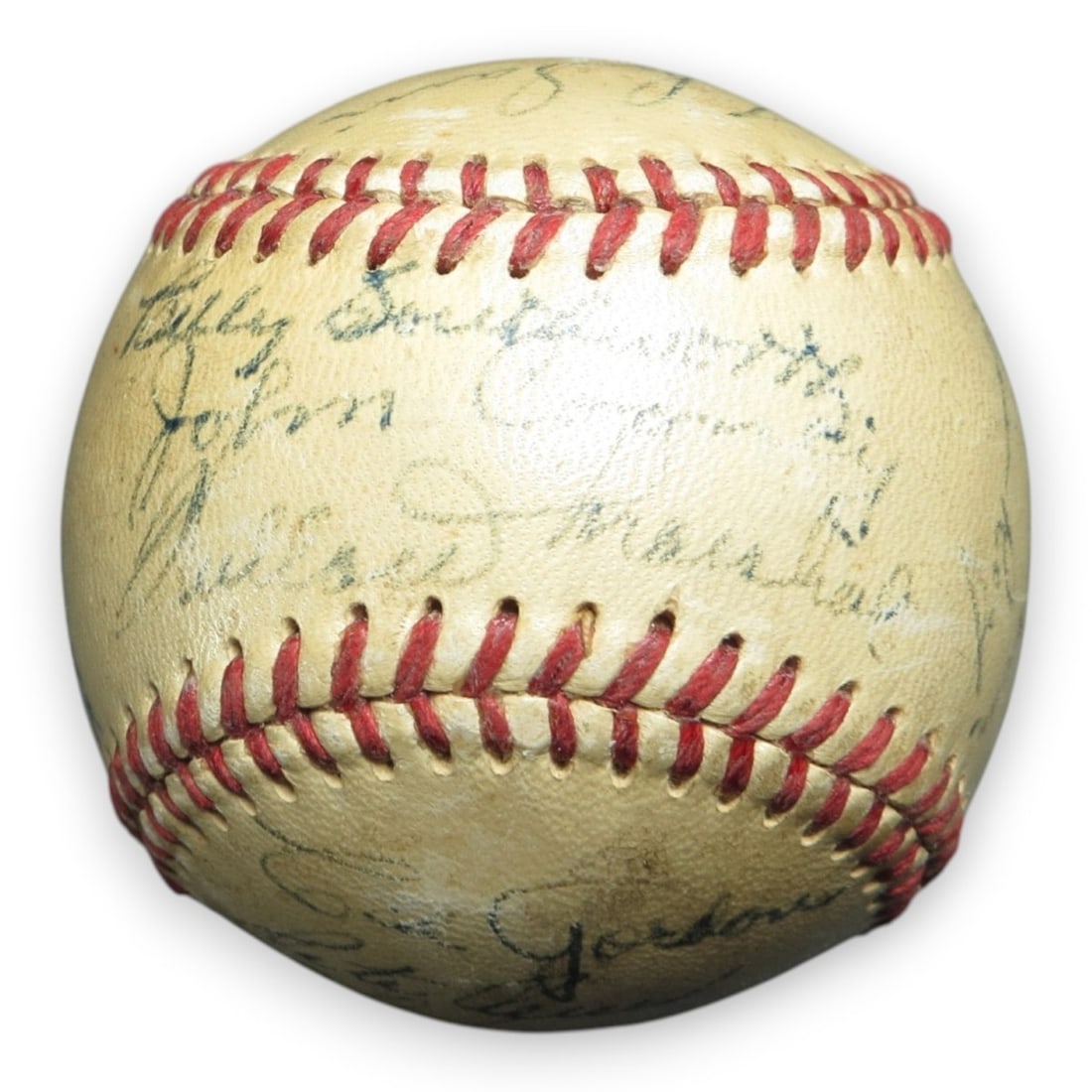 1950 Boston Braves autographed Spalding baseball 23 signatures GAI: 1950 Boston Braves autographed Spalding baseball 23 signatures GAI This is an original 1950 Boston Braves autographed baseball featuring twenty-three signatures on a Spalding Official National League 