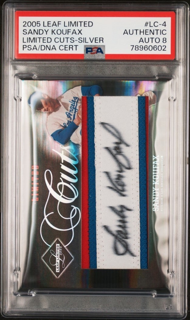 Sandy Koufax 2005 Leaf Limited Cuts PSA 8 Dodgers HOF Card #LC-4: Sandy Koufax 2005 Leaf Limited Cuts PSA 8 Dodgers HOF Card #LC-4 This is a 2005 Leaf Limited Cuts Limited baseball card featuring Hall of Famer Sandy Koufax, known for his exceptional pitching with th