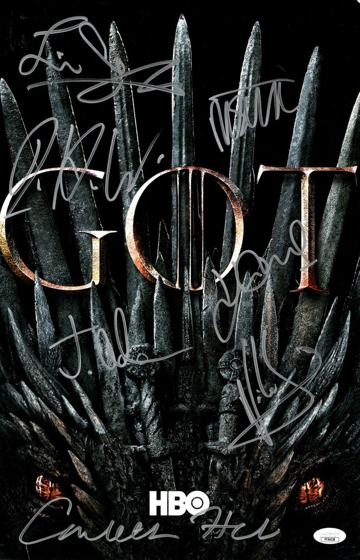 JSA authenticated Game of Thrones cast signed 11x17 poster: JSA authenticated Game of Thrones cast signed 11x17 poster This is an original 11x17-inch Game of Thrones poster, autographed by seven cast members: Liam Cunningham, Conleth Hill, Maisie Williams, Joh