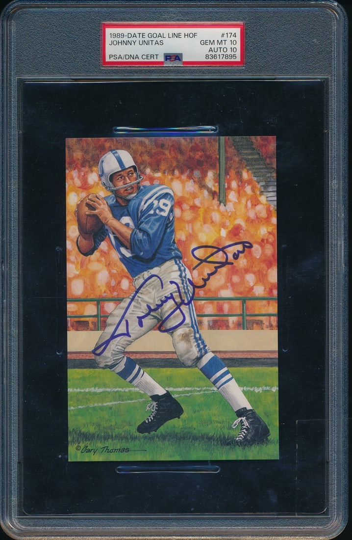 Johnny Unitas Signed 1997 Goal Line Art Postcard PSA/DNA GEM MT 10: Johnny Unitas Signed 1997 Goal Line Art Postcard PSA/DNA GEM MT 10 This is an original Johnny Unitas Hall of Fame signed 1997 Goal Line Art GLAC postcard, numbered 1228 out of 5000, featuring the lege