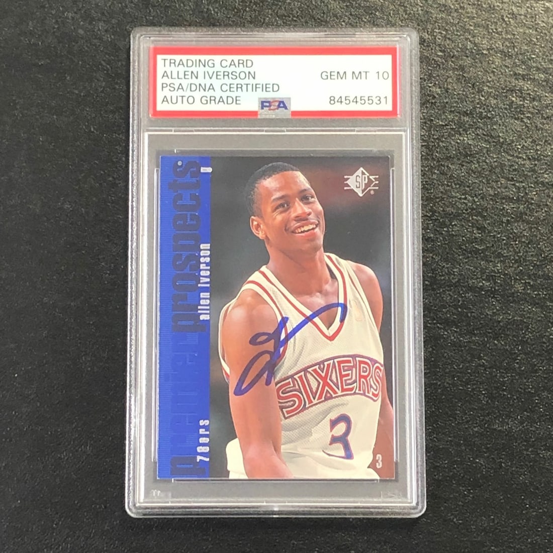 Allen Iverson 1996 SP Premier Prospects PSA Autographed Card: Allen Iverson 1996 SP Premier Prospects PSA Autographed Card This is a 1996 SP Premier Prospects #141 sports trading card featuring Allen Iverson, who played for the Philadelphia 76ers. The card is si
