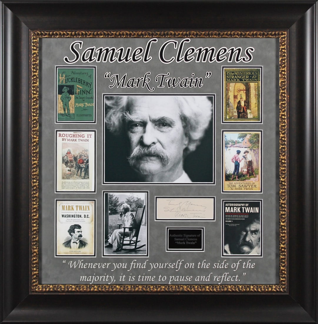 Samuel Clemens Mark Twain Signed Cut Signature Framed Beckett COA: Samuel Clemens Mark Twain Signed Cut Signature Framed Beckett COA This stunning piece features a cut signature by Samuel Clemens, famously known as Mark Twain, inscribed with "Truly Yours SL Clemens M