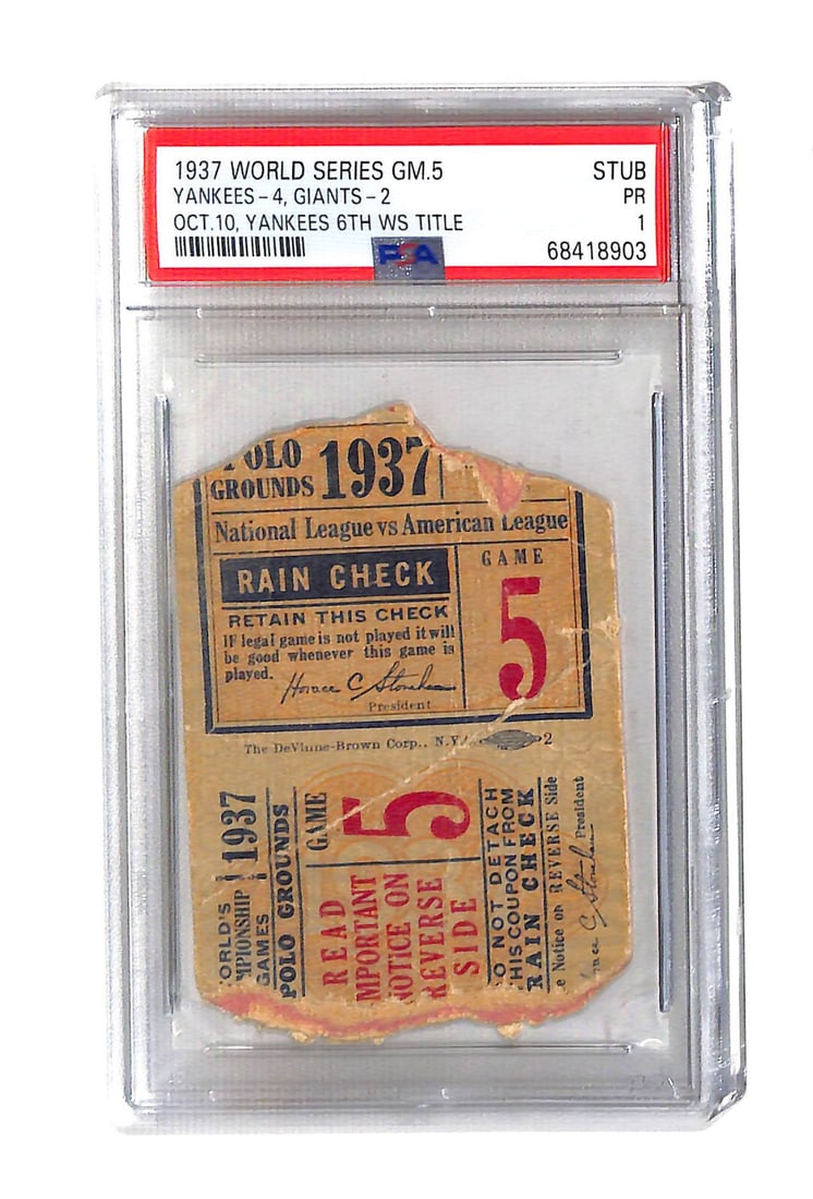 1937 New York Yankees World Series Game 5 Ticket PSA 1: 1937 New York Yankees World Series Game 5 Ticket PSA 1 This is an original 1937 World Series Ticket from Game 5, commemorating the New York Yankees clinching their 6th World Series title. The ticket i