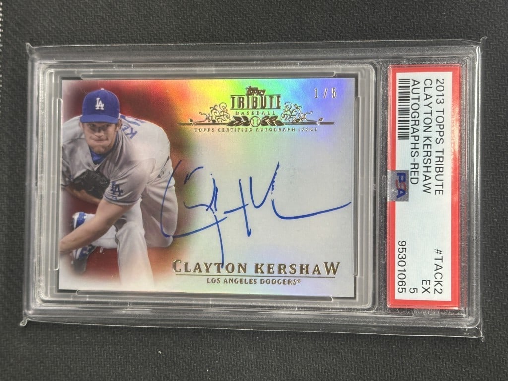 Clayton Kershaw 2013 Topps Tribute Red Auto PSA 5 #TACK2 Dodgers: Clayton Kershaw 2013 Topps Tribute Red Auto PSA 5 #TACK2 Dodgers This 2013 Topps Tribute Red Autograph baseball card features Clayton Kershaw, a prominent player for the Los Angeles Dodgers. Graded by