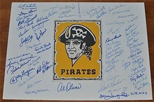 Pittsburgh Pirates Hall of Famers Signed Logo Poster 64 Sigs JSA: Pittsburgh Pirates Hall of Famers Signed Logo Poster 64 Sigs JSA Celebrate the legacy of baseball with this original autographed logo poster featuring over 60 signatures from Pirates Hall of Famers an