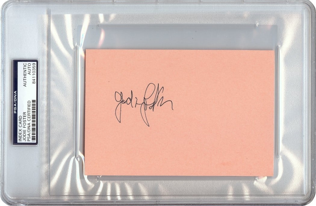 PSA DNA Jodie Foster signed 4x6 index card vintage autograph: PSA DNA Jodie Foster signed 4x6 index card vintage autograph This vintage 4x6 index card features the authentic autograph of Jodie Foster. The signature has been professionally authenticated by PSA/DN