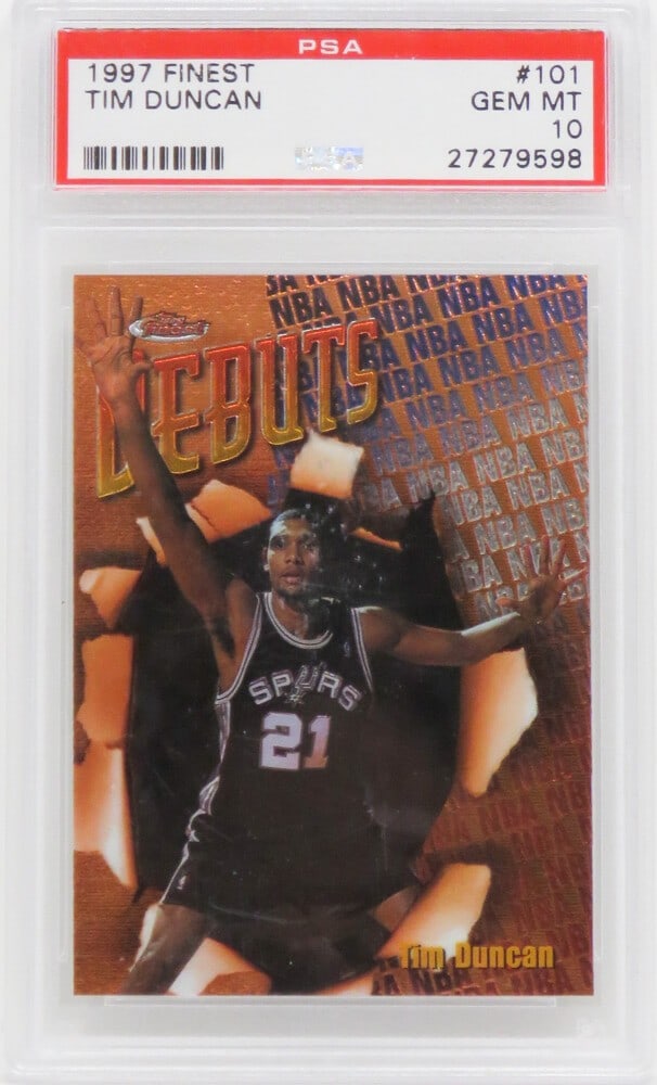 Tim Duncan 1997 Topps Finest #101 RC PSA 10 Gem Mint Basketball Card: Tim Duncan 1997 Topps Finest #101 RC PSA 10 Gem Mint Basketball Card This listing is for a Tim Duncan 1997 Topps Finest #101 rookie card, graded Gem Mint 10 by Professional Sports Authenticator (PSA).