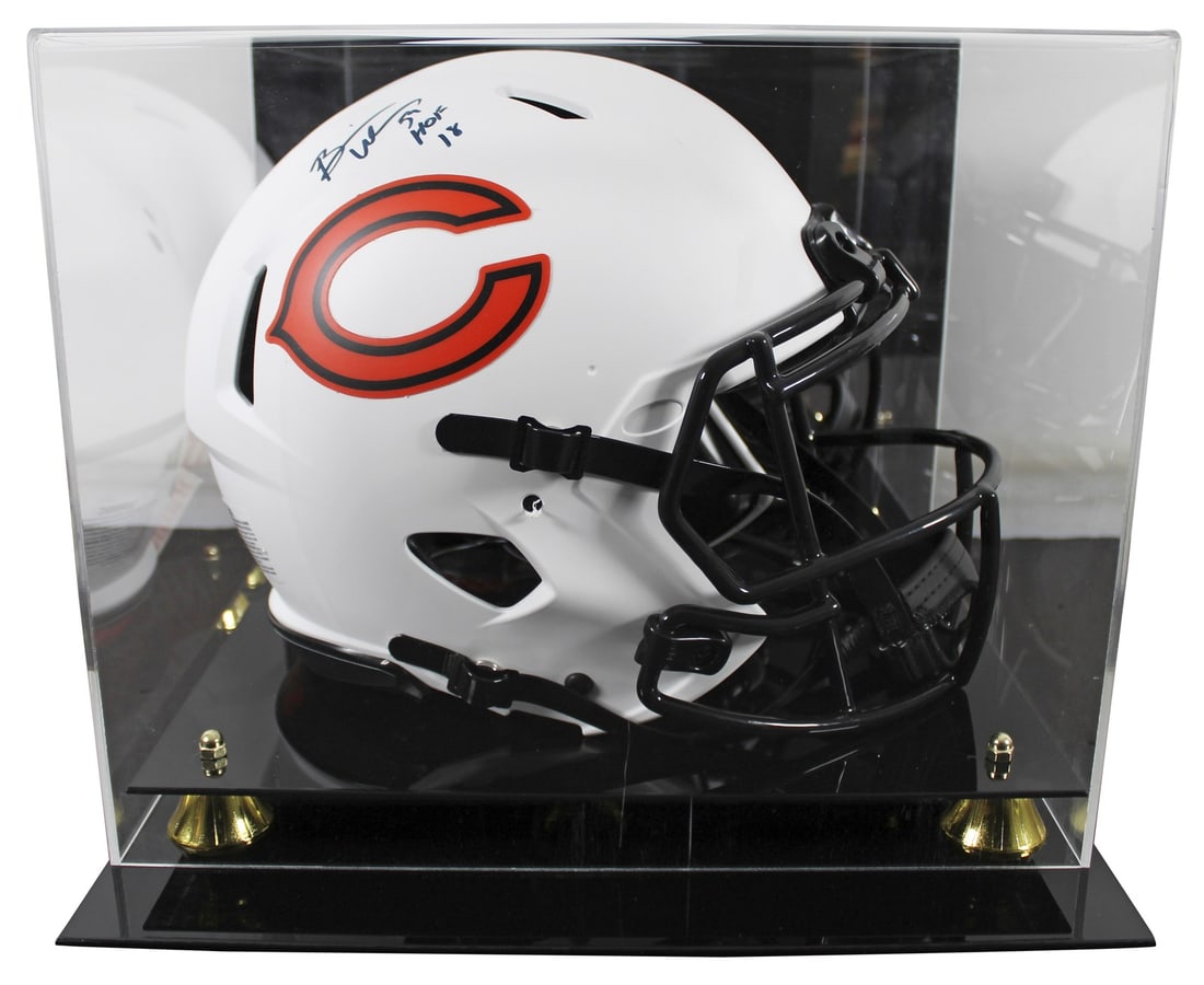 Brian Urlacher Signed Lunar Helmet HOF 18 with Display Case BAS Authenticated: Brian Urlacher Signed Lunar Helmet HOF 18 with Display Case BAS Authenticated Celebrate the legacy of Brian Urlacher with this autographed Chicago Bears Lunar Riddell Full Size Speed Proline Helmet. T